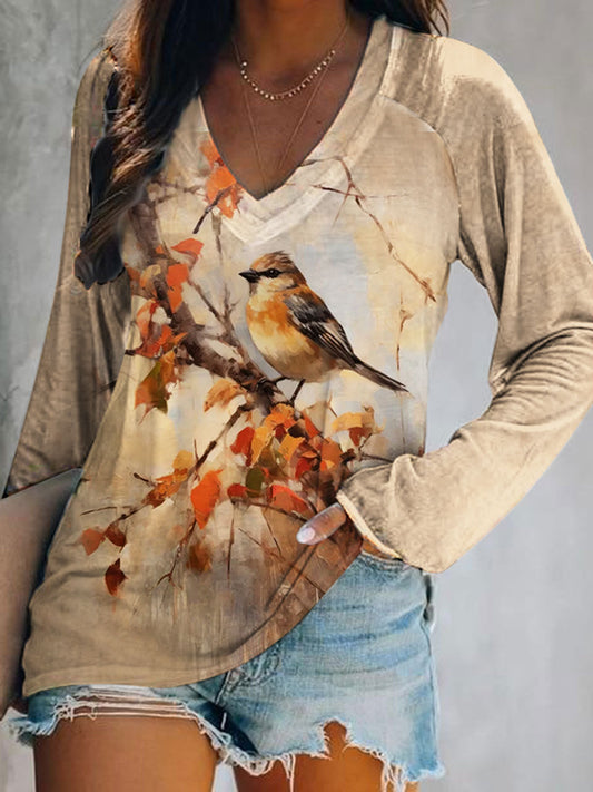 Women's Maple Leaf Bird Print V-Neck T-Shirt