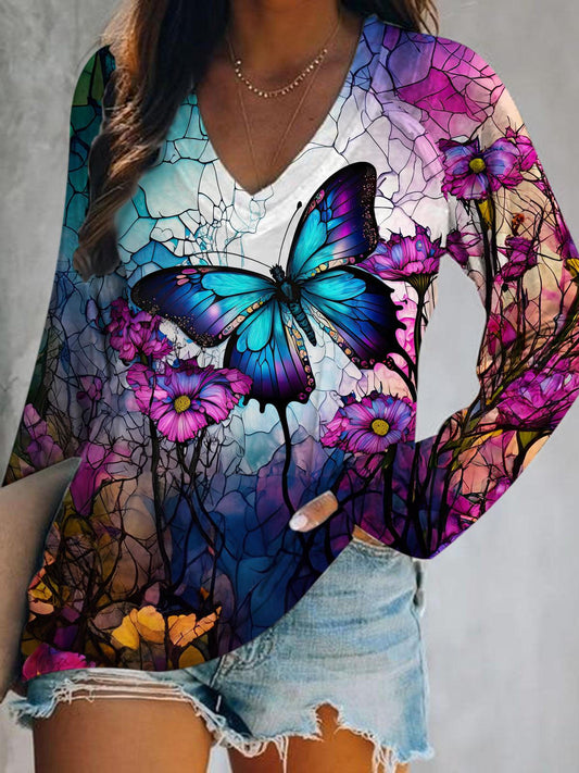 Women's Floral Butterfly Print Long Sleeve Top