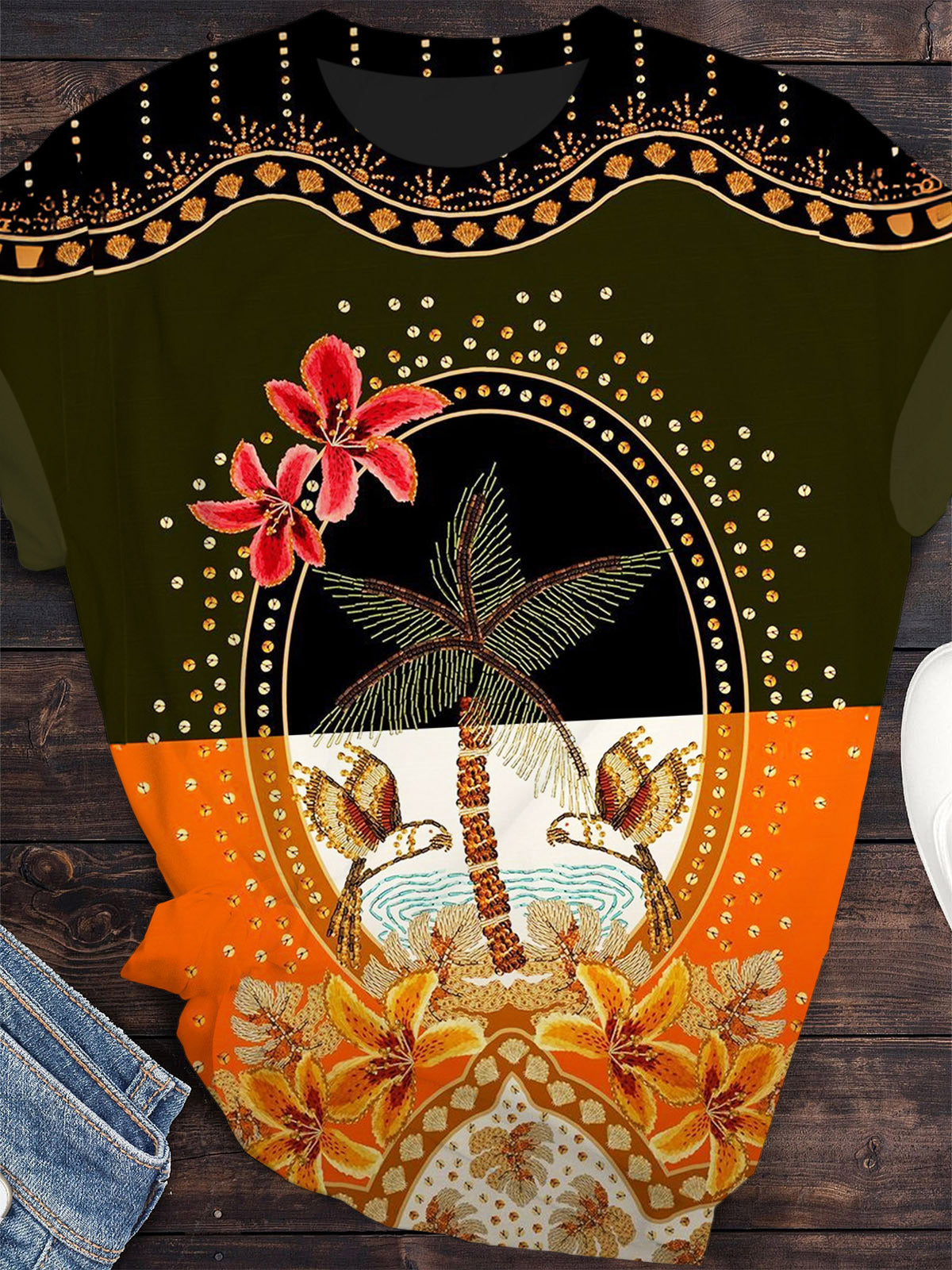 Color Matching Coconut Palm Parrot Crew Neck T-shirt