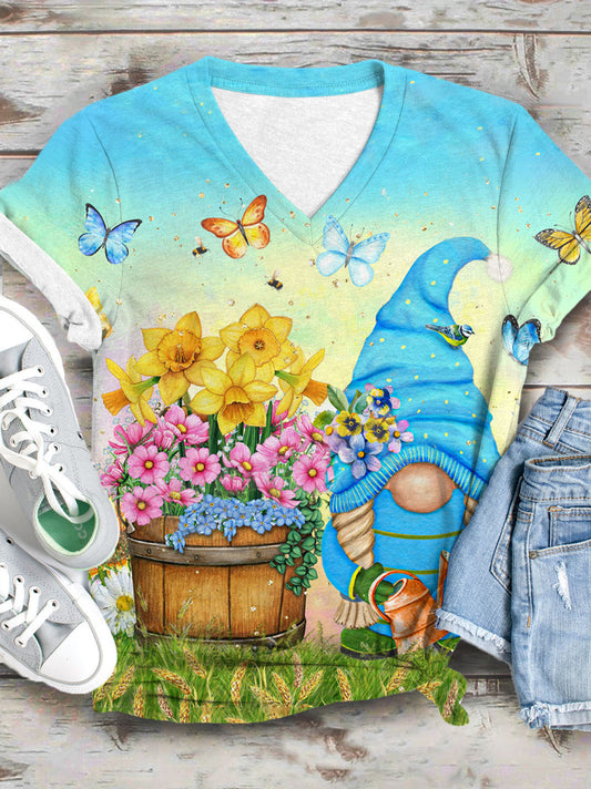 Spring Gnome Print V-Neck T-Shirt