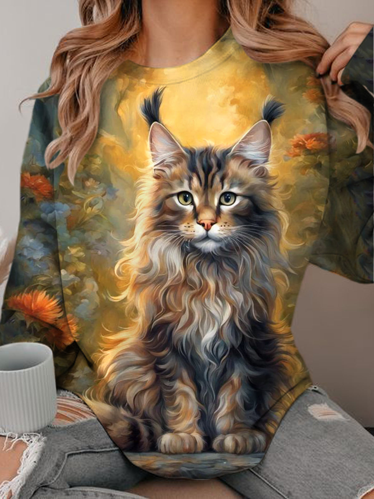 Women's Cat Print Round Neck Long Sleeve Top