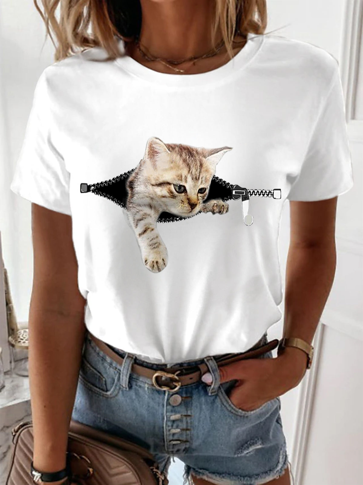 Funny Cat Print Crew Neck T-shirt