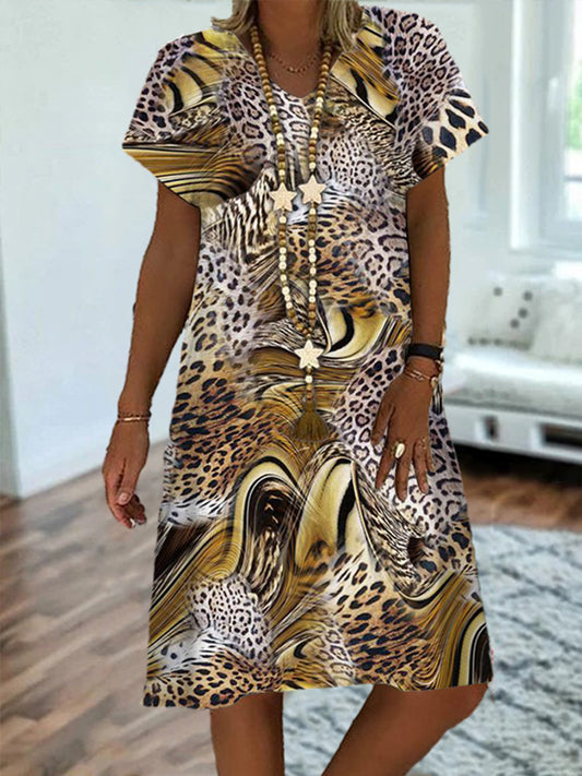 Leopard Print V Neck Short Sleeve Dress