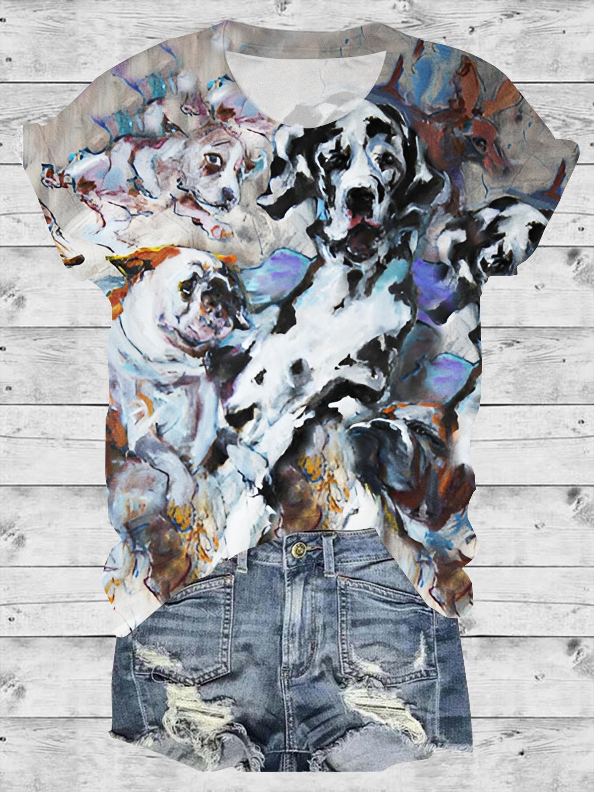 Dog Art Painting Crew Neck T-shirt