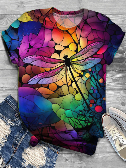 Women's Color Dragonfly Printed Round Neck Top