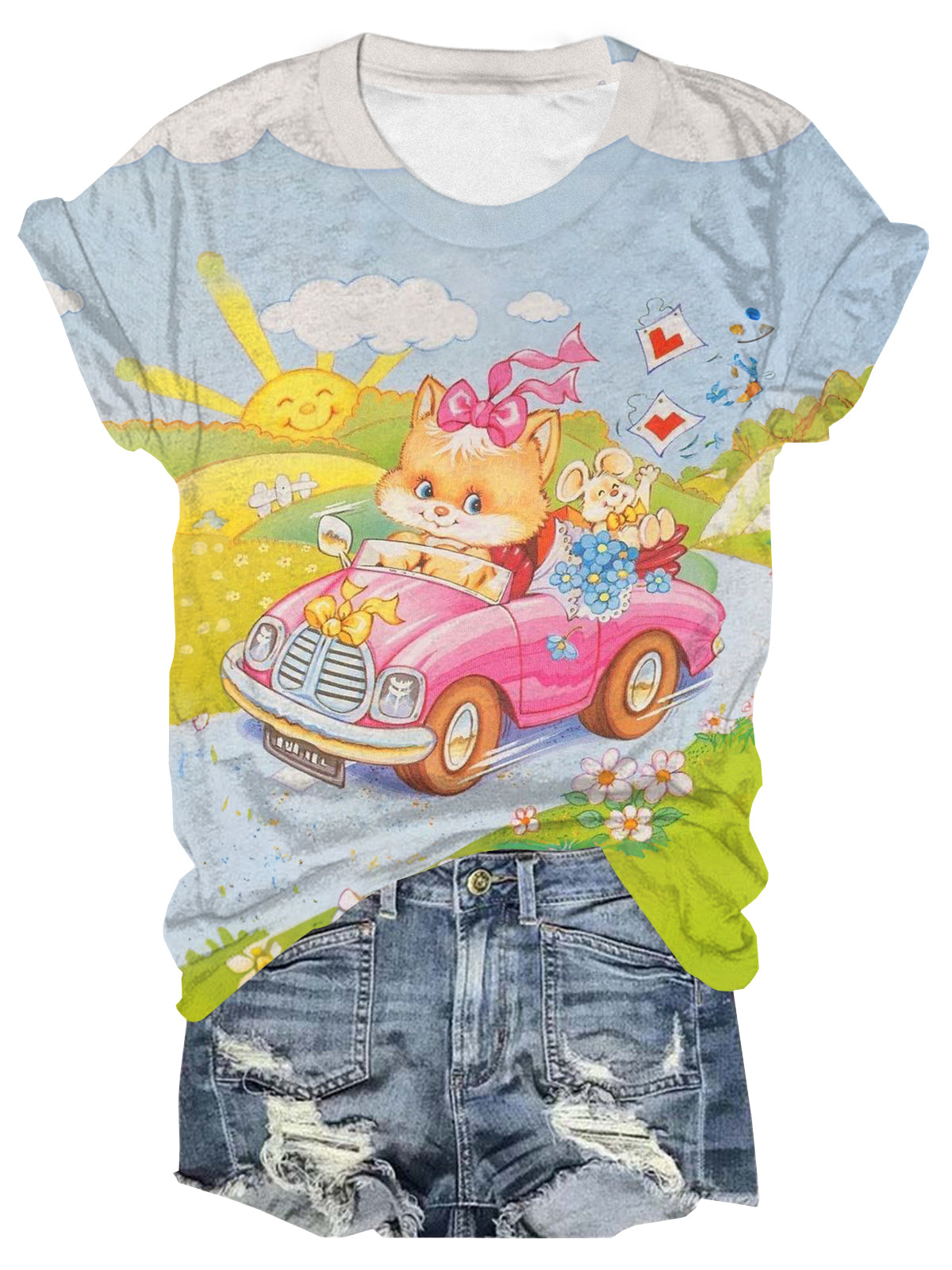 Vintage Kitten Car Crew Neck T-shirt