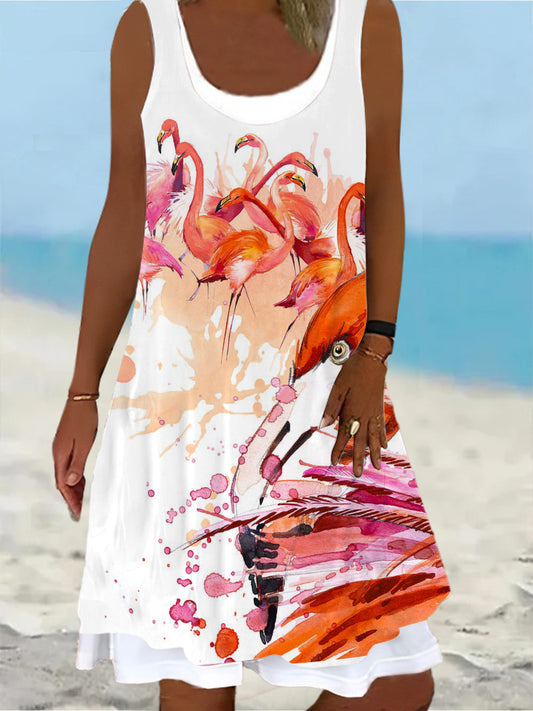 Flamingo Print Ladies False Two Dress