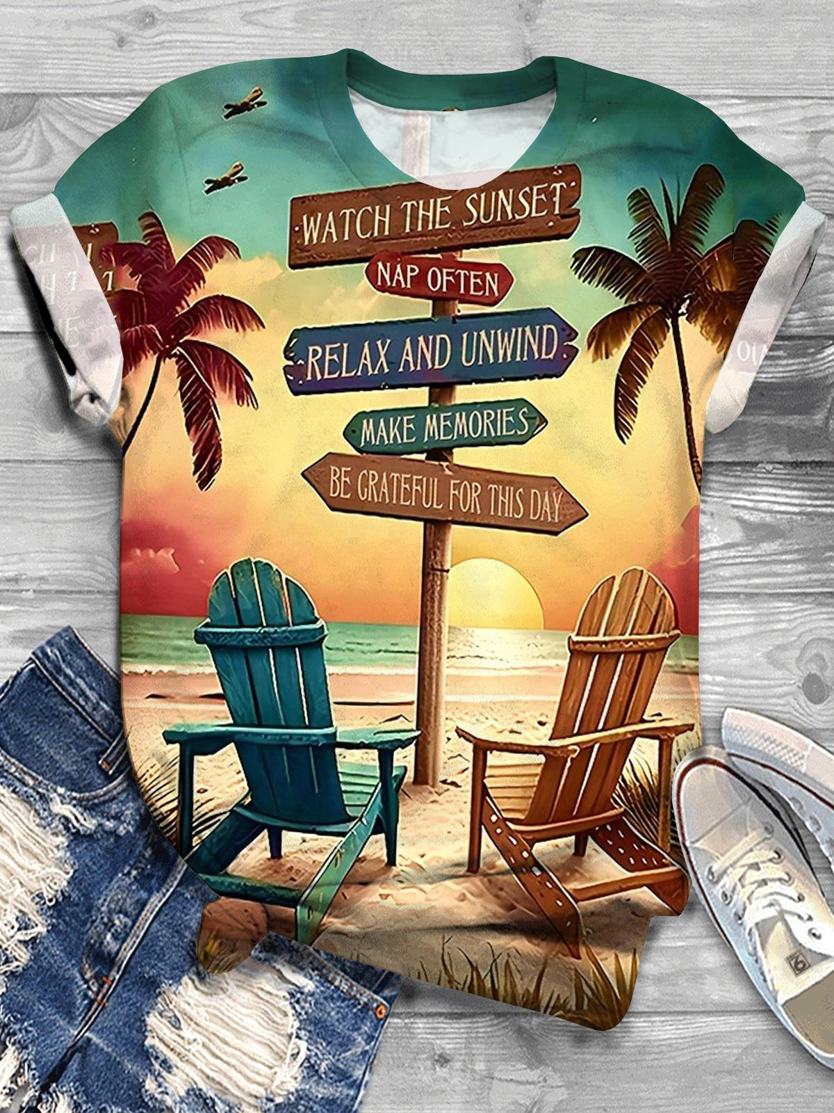 Summer Beach Print Crew Neck T-shirt