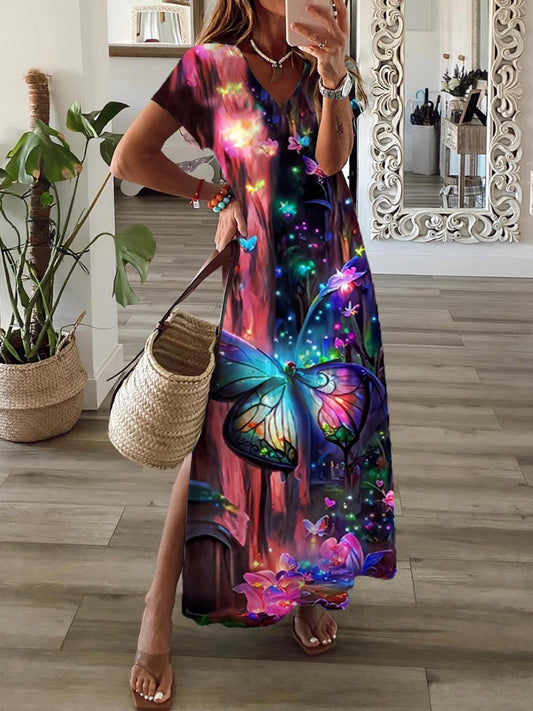 Butterfly Leisure Short Sleeve V Neck Maxi Dress