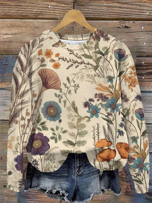 Women's Botanical Floral Print Round Neck Long Sleeve Top