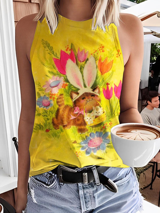 Bunny Kitty Print Casual Sleeveless Top