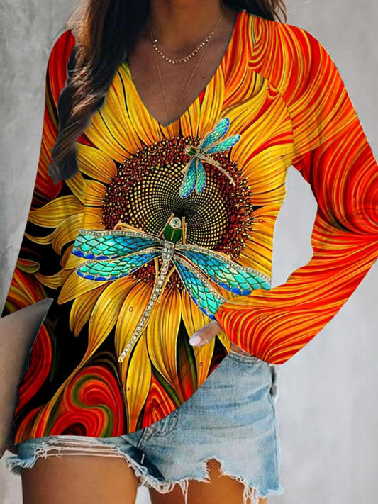 Dragonfly And Sunflower Print V-Neck Long Sleeve Top