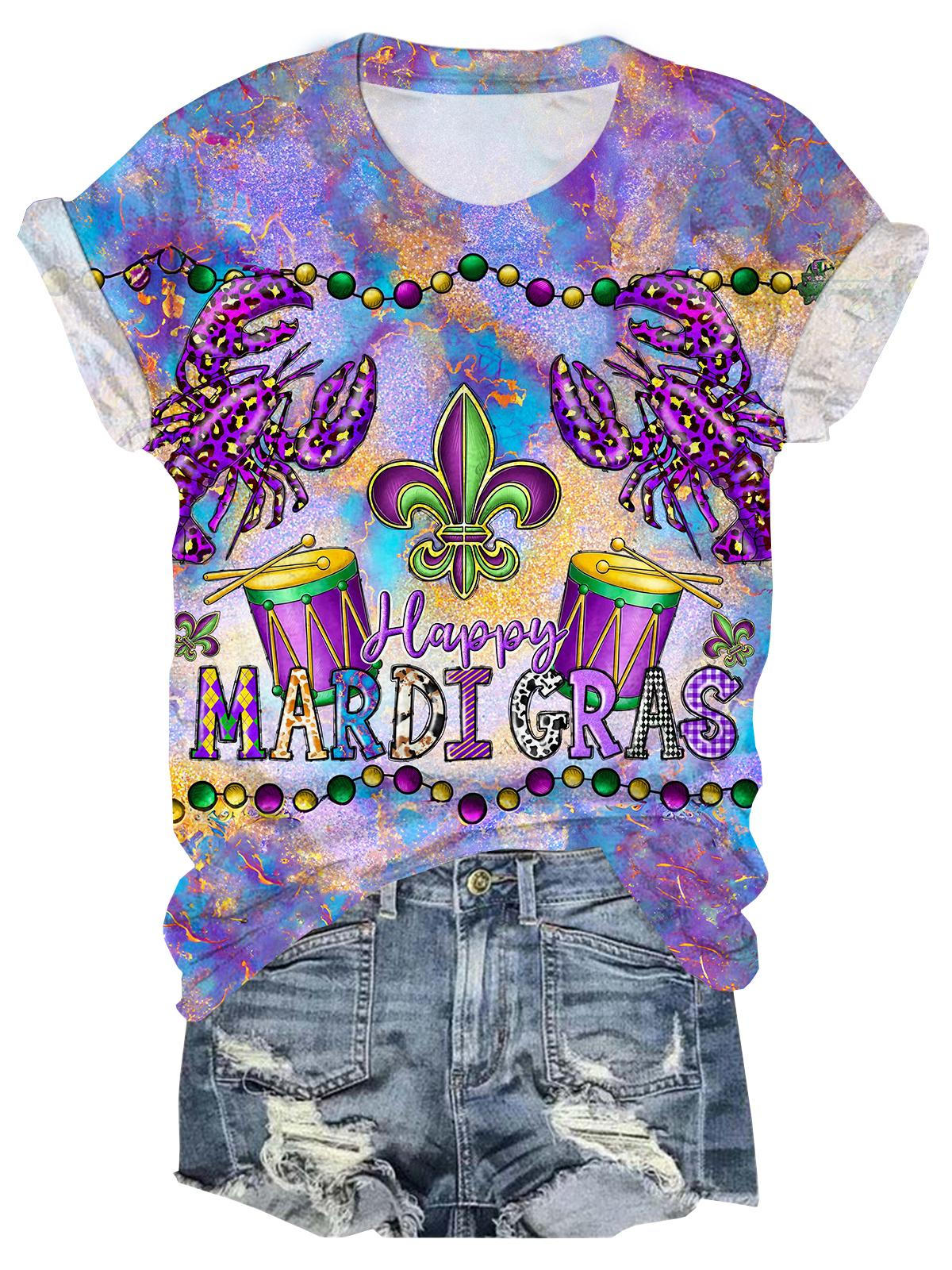 Mardi Gras Print Crew Neck T-shirt