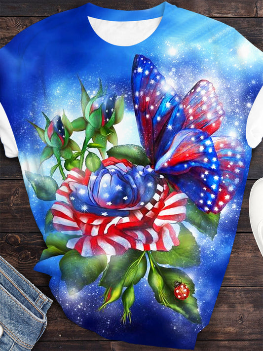 Patriotic Flower Butterfly Crew Neck T-shirt