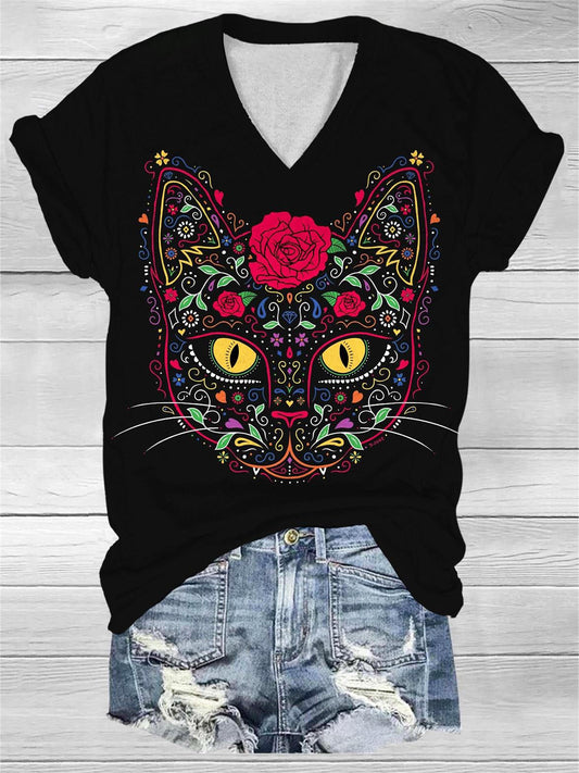 Day of the Dead Kitty Cat Sugar Skull Print T-Shirt