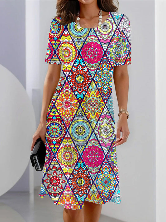 Ethnic Geometric Print Short Sleeve Crew Neck Dress