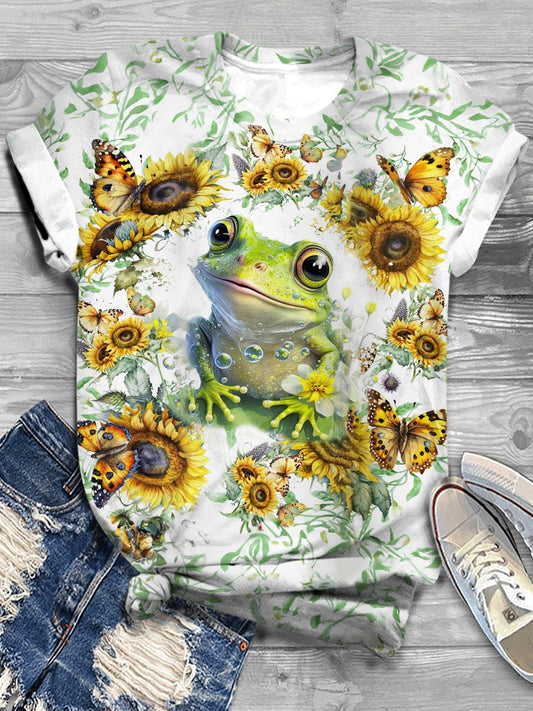 Butterfly Floral Frog Crew Neck T-shirt