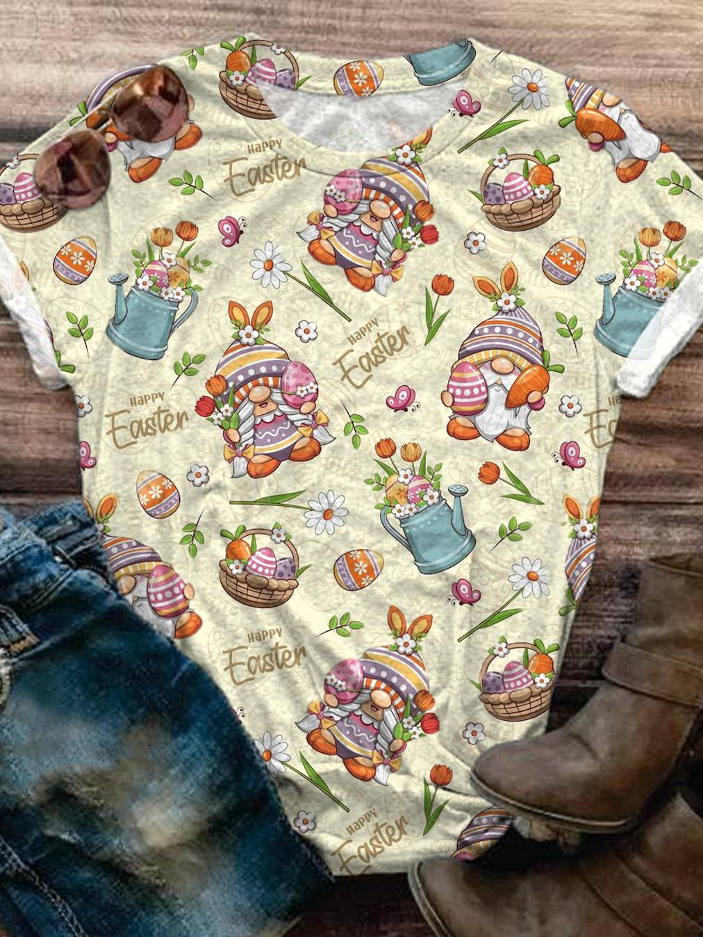 Flowers And Easter Egg Basket Print Crew Neck T-shirt