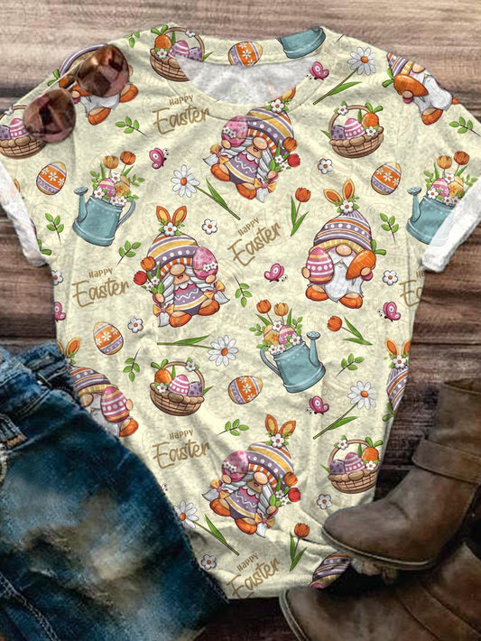 Flowers And Easter Egg Basket Print Crew Neck T-shirt