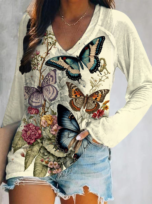 Women's Butterfly Print V-Neck Long Sleeve T-Shirt