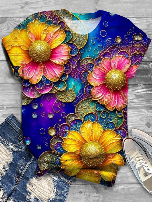 Flower Short Sleeve Crew Neck T-Shirt