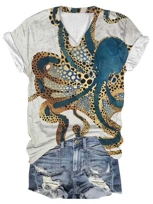 Octopus Print V-Neck T-Shirt