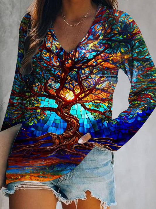 Women's Tree of Life Print V-Neck Long Sleeve Top