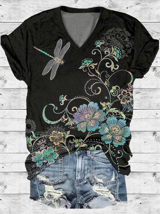 Blue Flower Dragonfly V-Neck T-Shirt