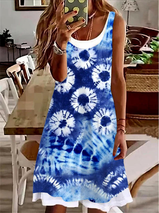 Tie Dye Ladies False Two Dress