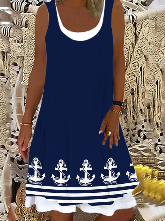 Ladies Anchor Print False Two Dress