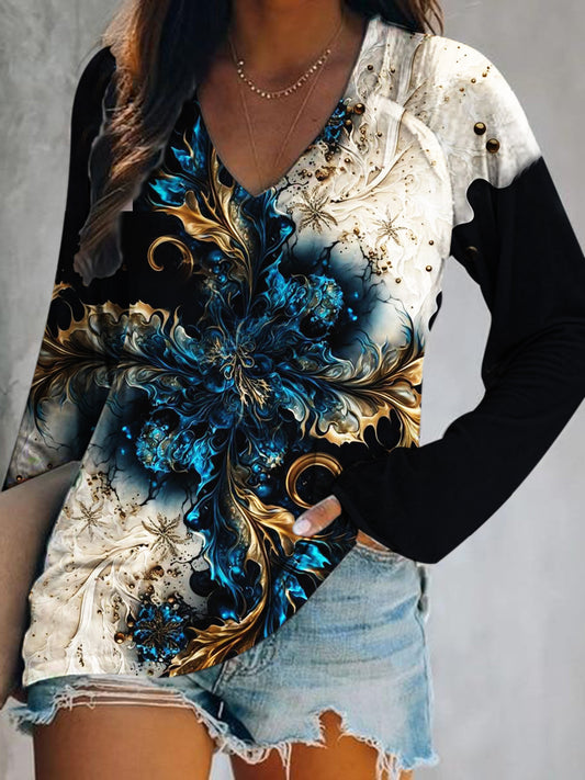 Abstract Floral Print V-Neck Long Sleeve Top