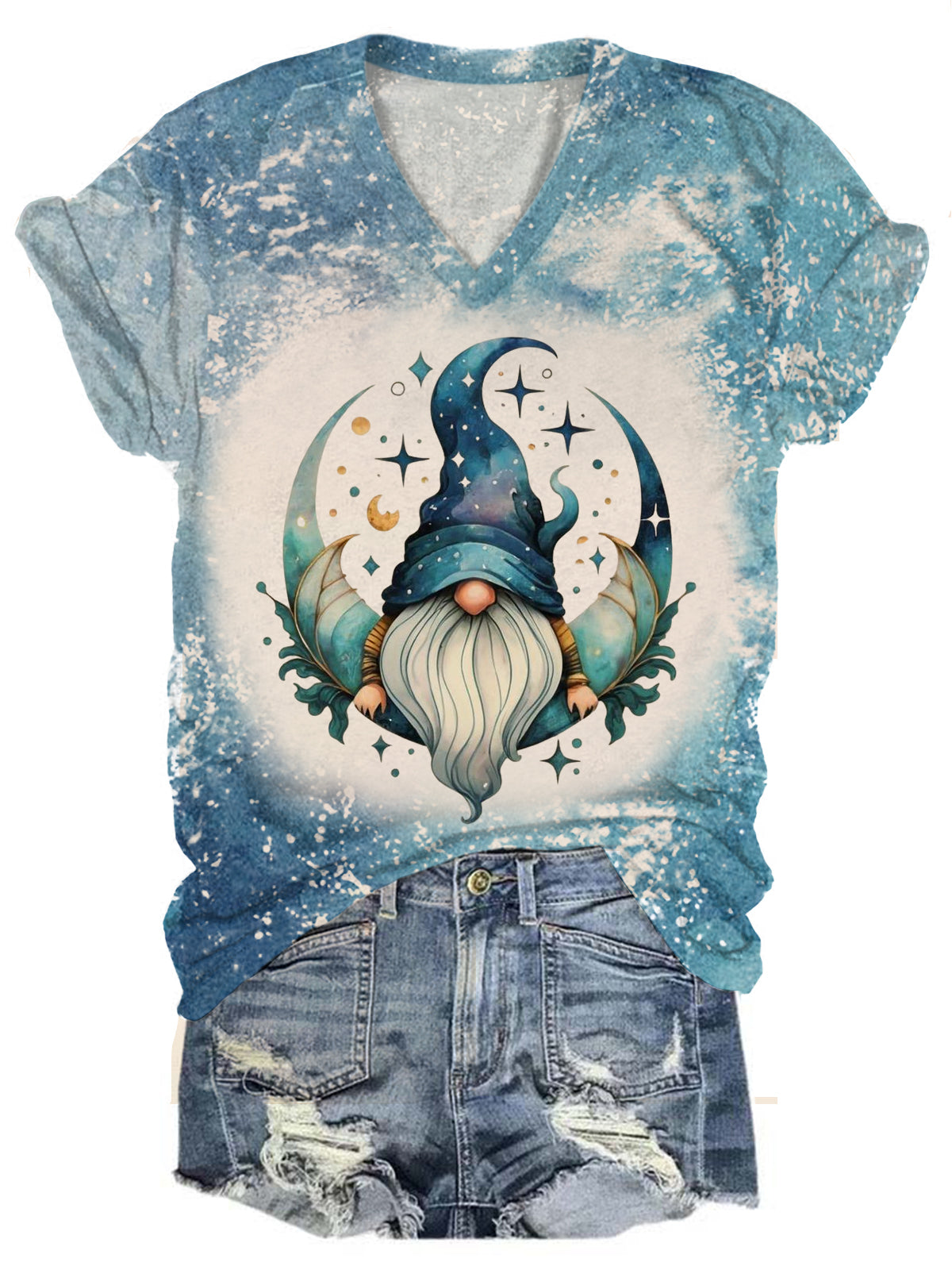 Star Moon Gnome V-Neck Tie Dye T-Shirt