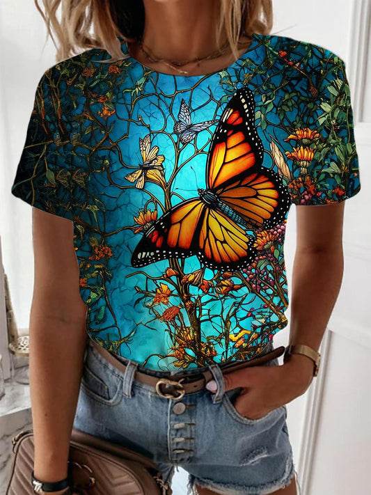 Women's Butterfly Print Crew Neck Top