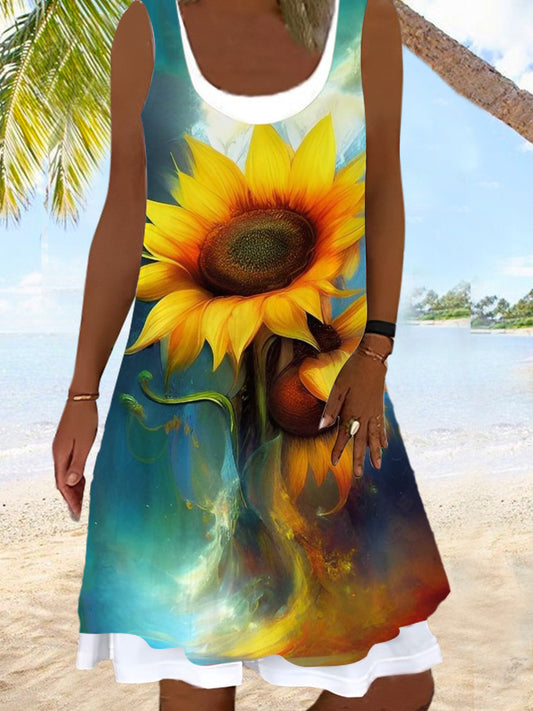 Sunflower Print Ladies False Two Dress