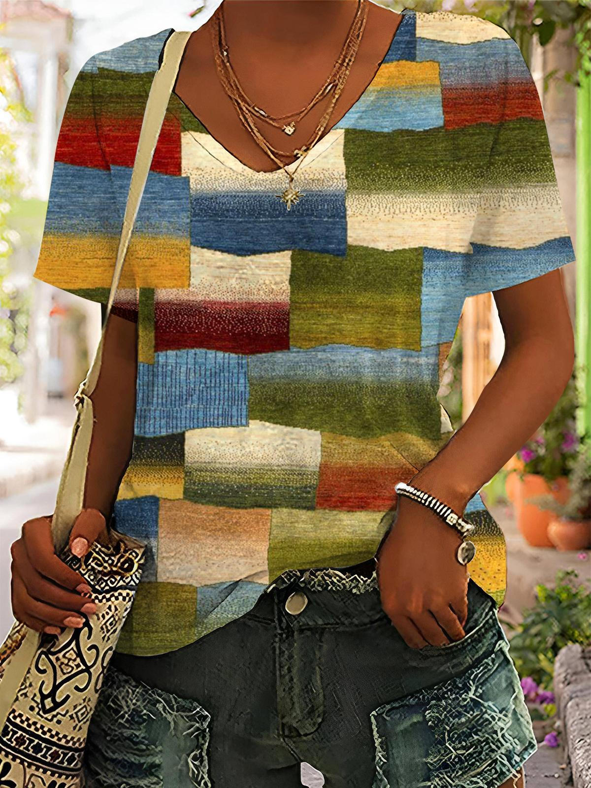 Color Block Print V-Neck Short Sleeve T-Shirt