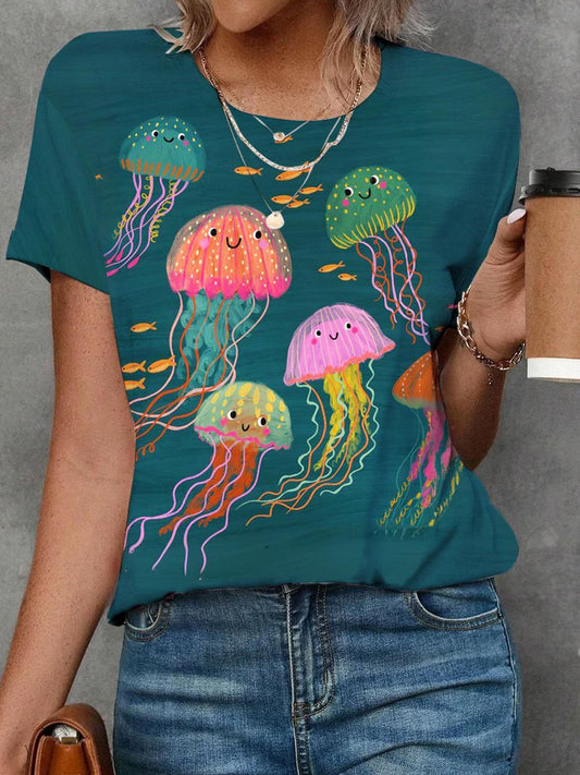 Cute Jellyfish Print Crew Neck T-shirt