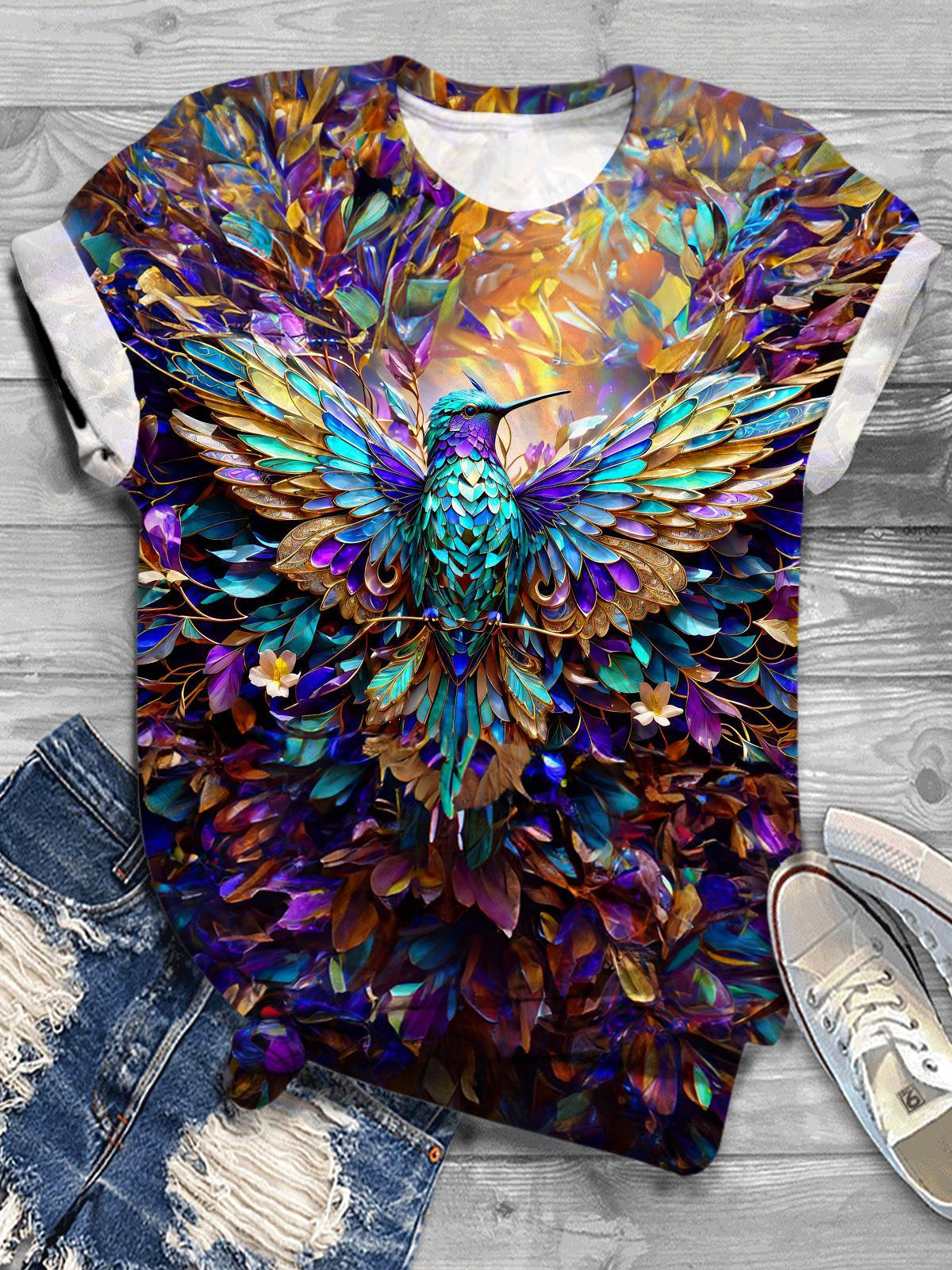 Stained Glass Hummingbird Crew Neck T-shirt