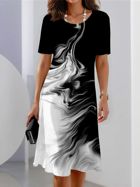 Black & White Gradient Short Sleeve Crew Neck Dress