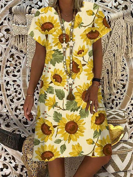 Sunflower Print V-Neck Short Sleeve Dress