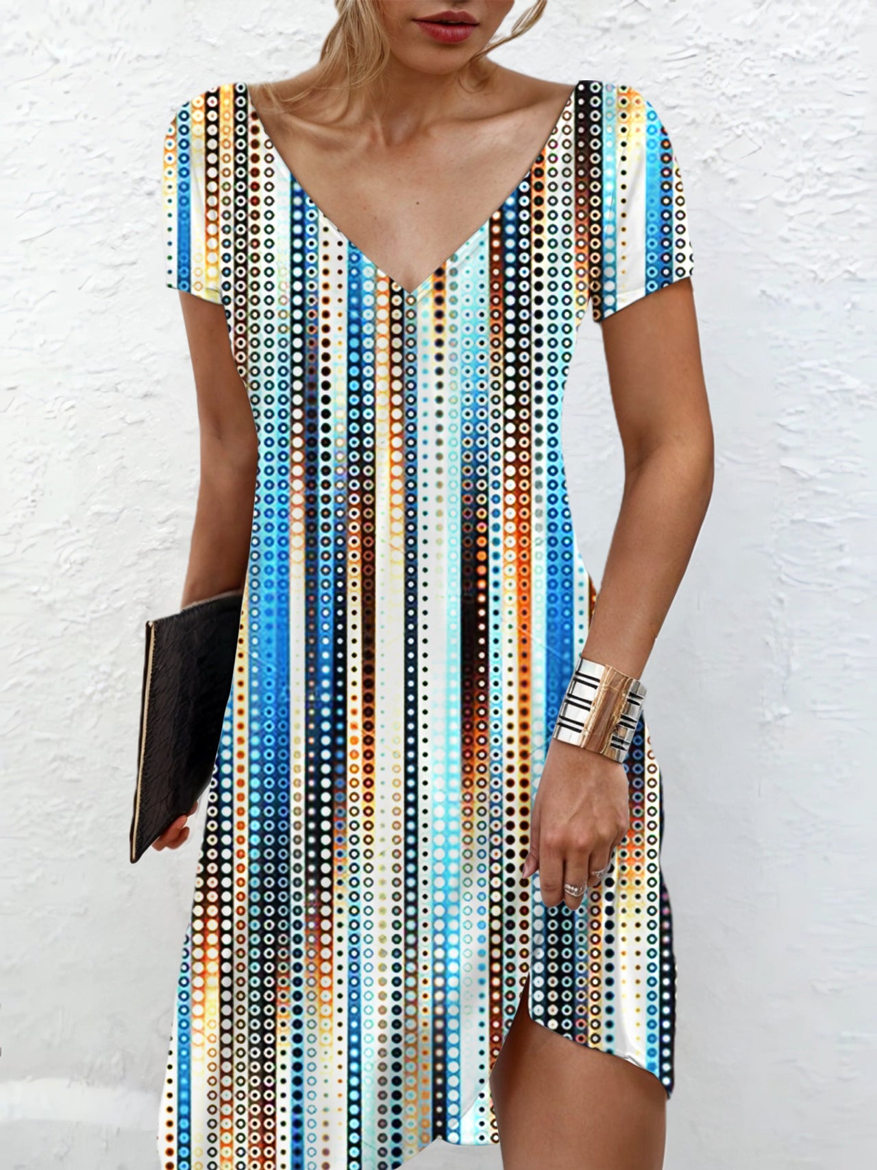 Abstract Lines V Neck Short Sleeve Dress