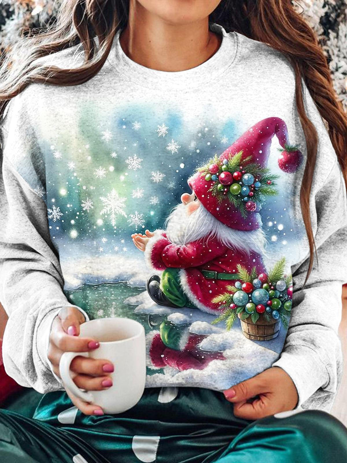 Winter Cute Gnome Print Long Sleeve Top