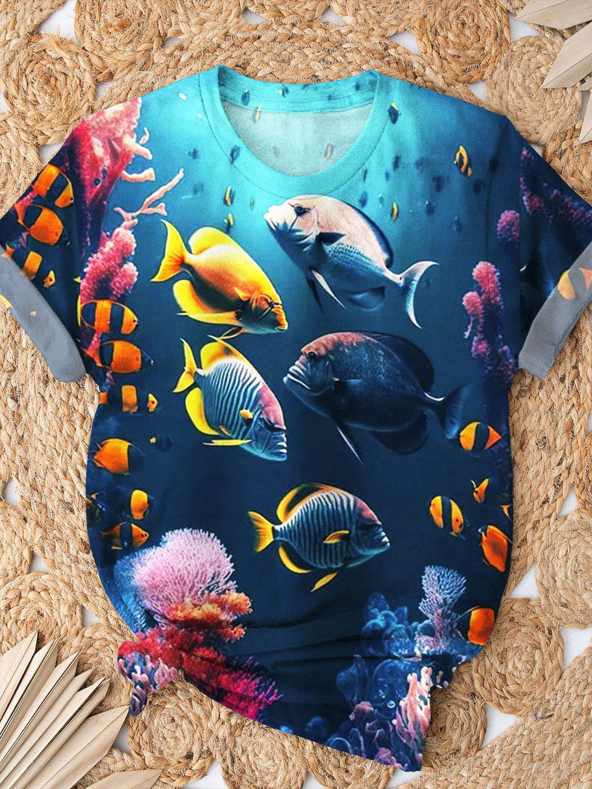 Marine Life Fish Print Crew Neck T-shirt