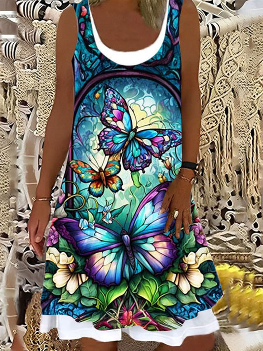 Women's Butterfly Print Splicing Dress