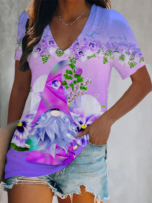 Gnome Flower Short Sleeve V Neck Print Top