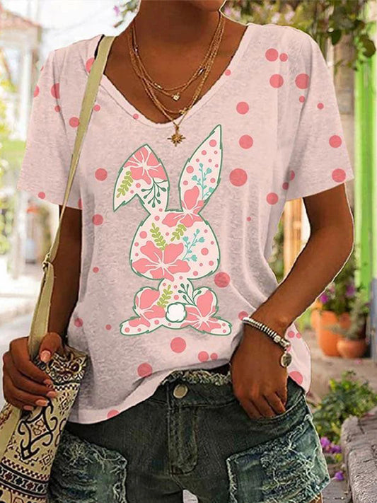 Floral Bunny Print V-Neck Short Sleeve T-Shirt