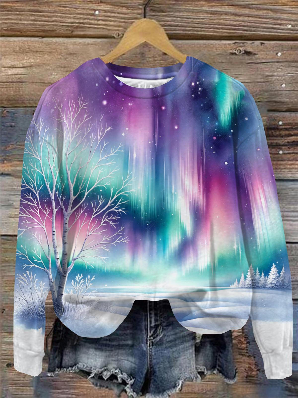 Women's Winter Aurora Print Round Neck Long Sleeve Top