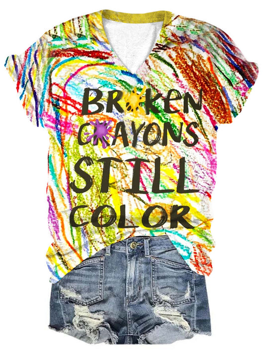 Broken Crayons Still Color Print V-Neck Short Sleeve T-Shirt