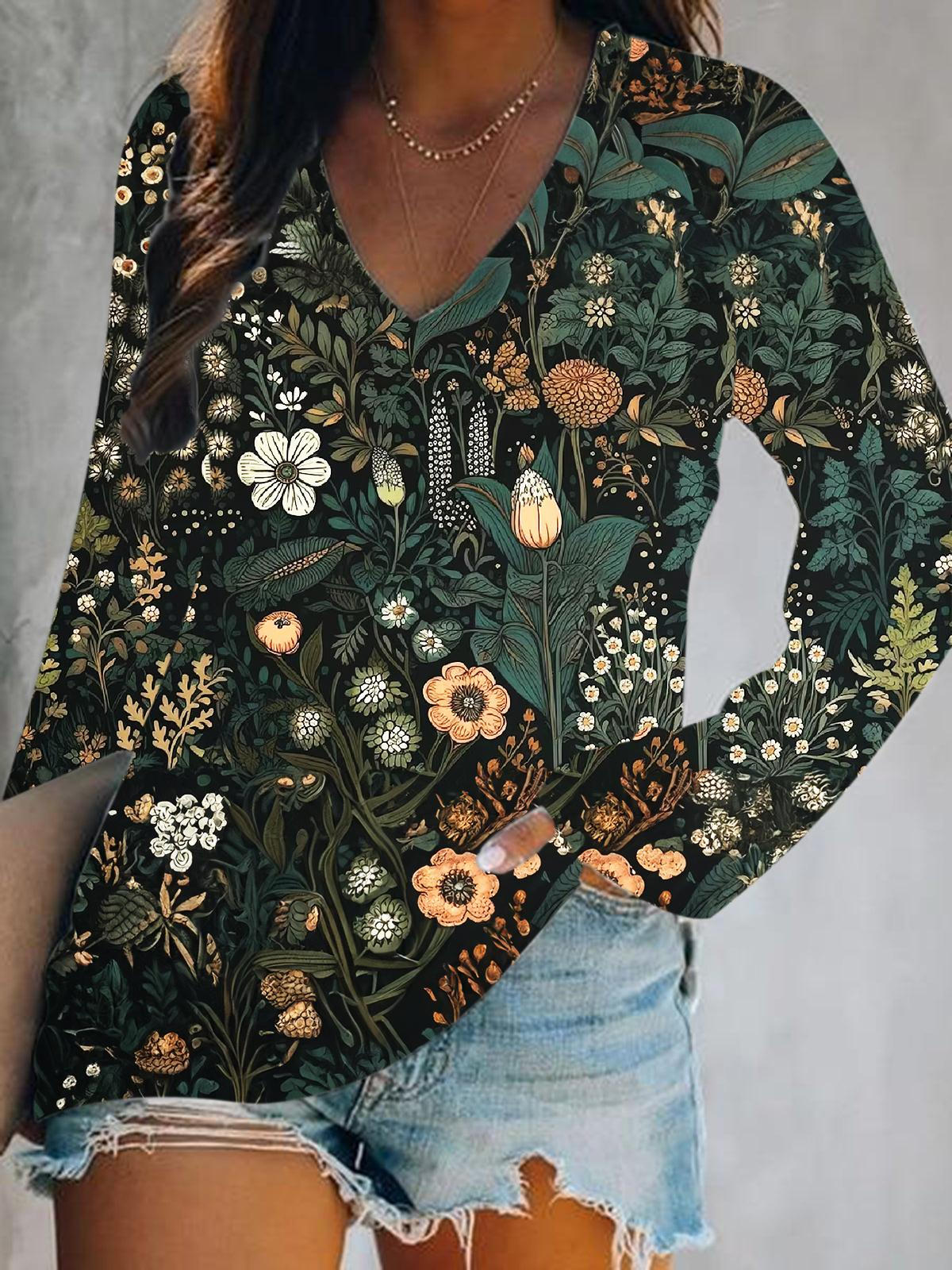 Vintage Floral Print V-Neck Long Sleeve Top