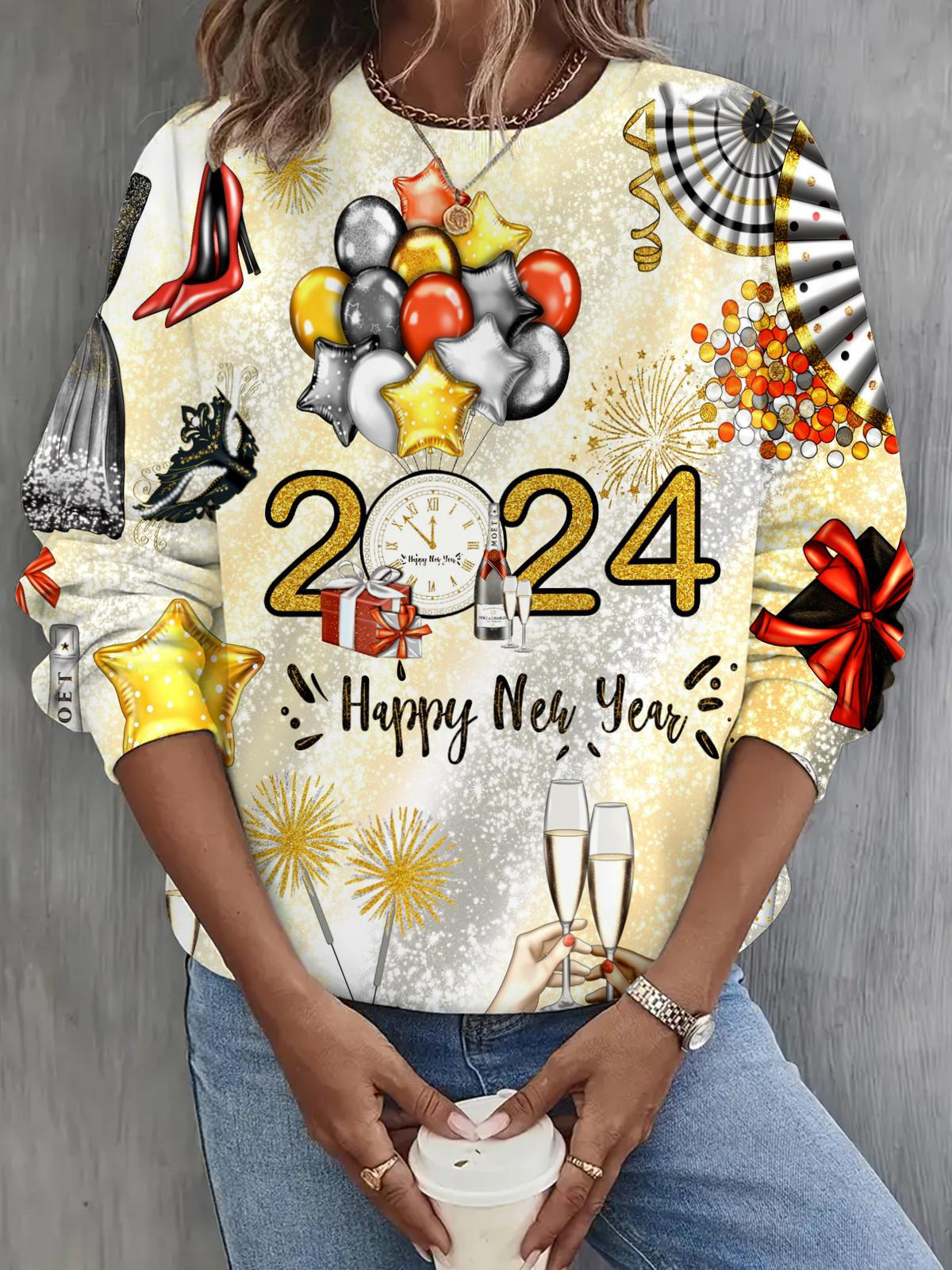 Happy New Year 2024 Print Long Sleeve Casual Top