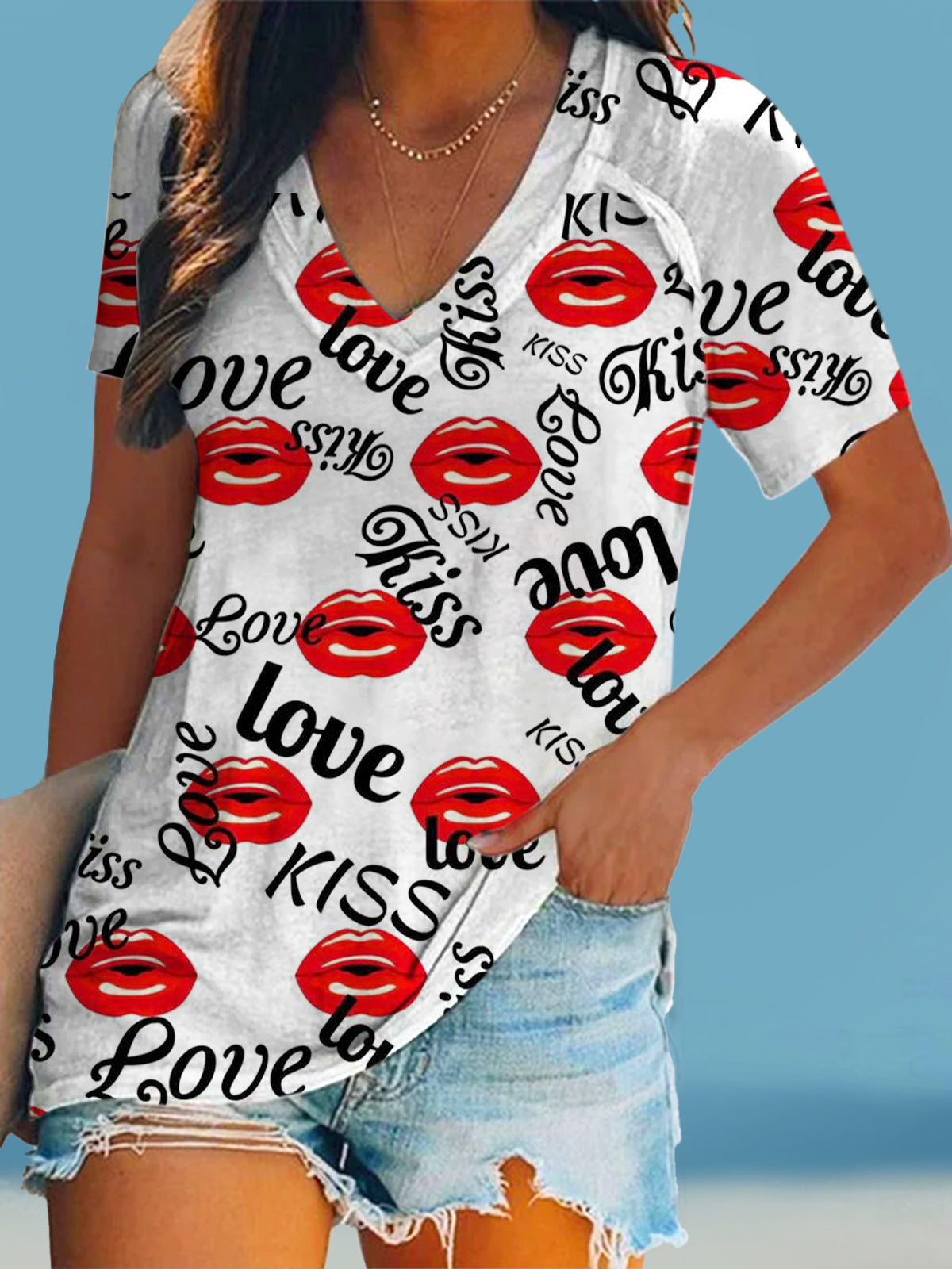 Women's Lip Print Short Sleeve V-Neck T-Shirt